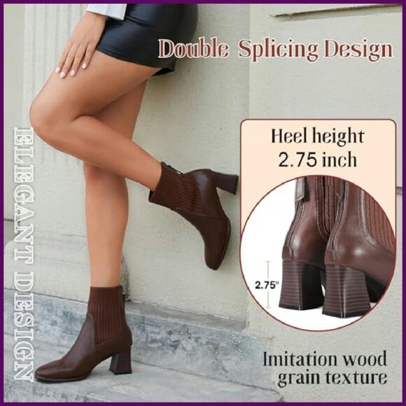 Women's Square Toe Chelsea Boots Low Block Heel Back Zipper Mid Calf Booties - Picture 6 of 8